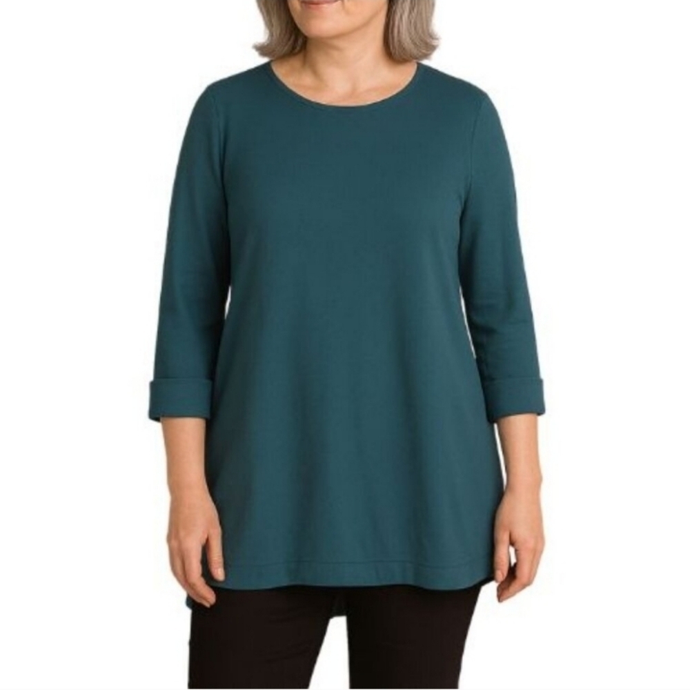 Eileen Fisher Round Neck Split Hem Crepe Tunic Top In Teal